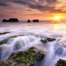 sea, indonesia, Great Sunsets, clouds, rocks, Bali Island