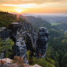 viewes, rocks, Saxon Switzerland National Park, trees, Děčínská vrchovina, Great Sunsets, Germany