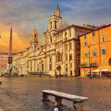 temple, Houses, Bench, obelisk, Lamps, Navona Square, Italy, Agonalis