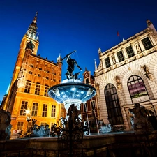 The Long Market, fountain, Gdansk, night, fragment, Neptune