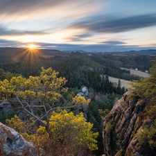 Děčínská vrchovina, trees, rays of the Sun, viewes, rocks, Saxon Switzerland National Park, Germany, woods