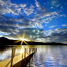 The Setting, sun, Platform, rays, lake