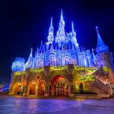 Disneyland, California, Sleeping Beauty Castle, Anaheim, The United States, Floodlit, Night