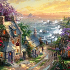 Houses, Lighthouses, Thomas Kinkade, Coast