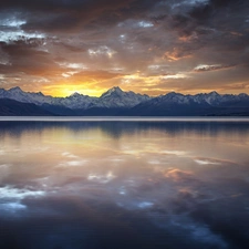 tile, lakes, sun, Mountains, west