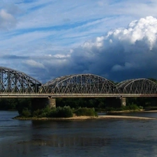 River, clouds, Torun, Railway Bridge named Ernest Malinowski, Poland