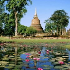 Thailand, Flowers, tower, lake