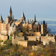 Germany, Hohenzollern, trees, Stuttgart, Castle, Towers, viewes
