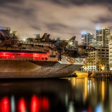 aircraft carrier, coast, Town, sea