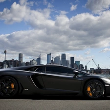 Street, Lamborghini, town, clouds, panorama, Aventador