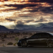 Desert, clouds, WRX STI, Town, Subaru Impreza