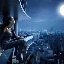 moon, panorama, town, girl