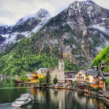 Houses, Austria, Mountains, Church, trees, Ship, Hallstattersee Lake, Hallstatt, Town, viewes, woods