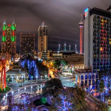 Town, night, clouds, San Antonio, skyscrapers