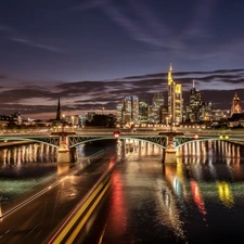River, Germany, Town, Night, bridge, Frankfurt
