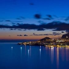 Town, Night, Gulf, sea, Funchal