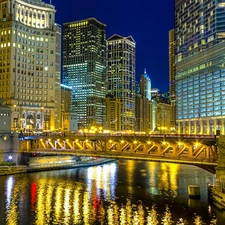 town, Night, bridge, panorama, River