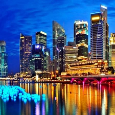 bridge, skyscrapers, Town, night, Singapur, clouds