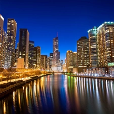 Town, Night, River, Chicago, skyscraper