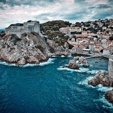 sea, Coast, Town, rocks