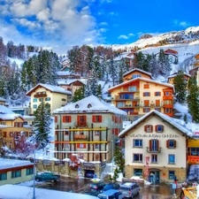 winter, Houses, Town, Mountains