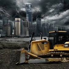 Town, bulldozer, tracks, dark