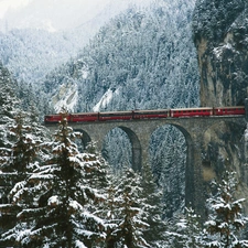 Train, winter, forest, tunnel, Mountains