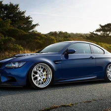 trees, viewes, BMW M5, Way, Blue