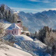 Sanctuary of Maria Gern, Salzburg Slate Alps, trees, Bavaria, viewes, Mountains, Church, Germany, Berchtesgaden, winter