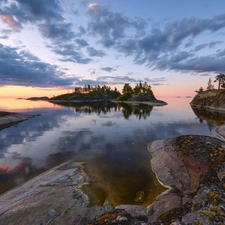 Russia, Islet, clouds, rocks, viewes, Ladoga, lake, trees