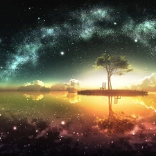 fantasy, star, trees, Sky