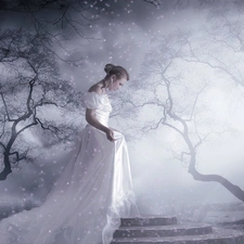 young lady, White, viewes, Dress, Women, trees, Fog