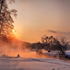 River, dawn, viewes, forest, winter, trees, Fog