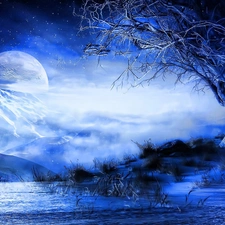 Mountains, moon, trees, Fog, lake, star