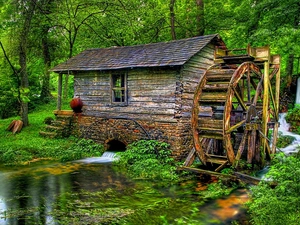 mill, River, viewes, circle, Spring, trees, green