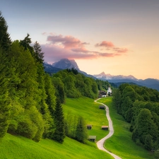 Mountains, Wamberg Village, The Hills, Way, Bavaria, Germany, trees, viewes, Church of Sts. Anna