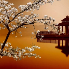 Mountains, River, trees, Japan, flourishing, Platform