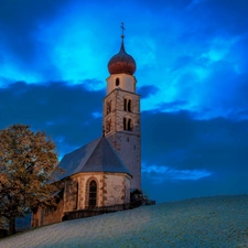 trees, church, Sky