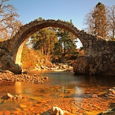 bridge, Old car, viewes, stone, River, trees, ruin