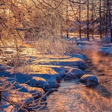 Stones, River, trees, viewes, luminosity, winter, sun, flash, ligh