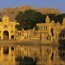 trees, viewes, structures, lake, Ancient