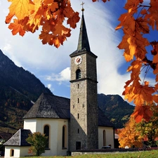 trees, viewes, Mountains, church, Bavaria