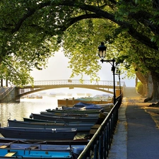canal, France, trees, viewes, bridge, boats
