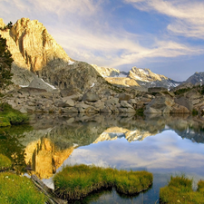 rocks, lake, trees, viewes, grass, Mountains