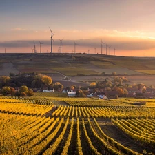 Windmills, Field, trees, viewes, Houses, vineyard