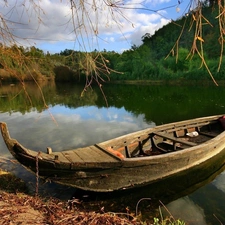 trees, viewes, coast, Boat, lake