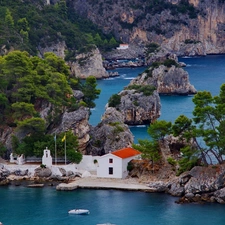 rocks, chapel, trees, viewes, lake, Mountains