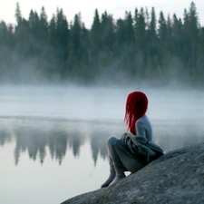 trees, viewes, Women, Fog, lake