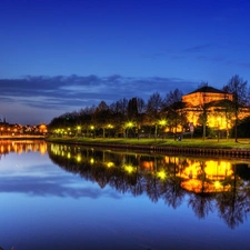 Park, Saarbrucken, trees, viewes, lanterns, River