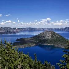 Island, Canada, trees, viewes, Mountains, lake